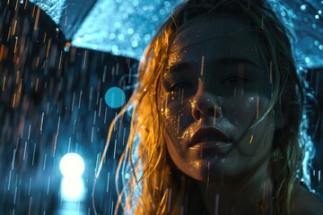 Poster - A woman holding an umbrella in the rain. Suitable for weather-related concepts