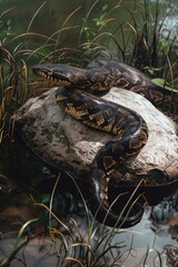 Poster - A snake resting on a rock in the water. Suitable for nature themes