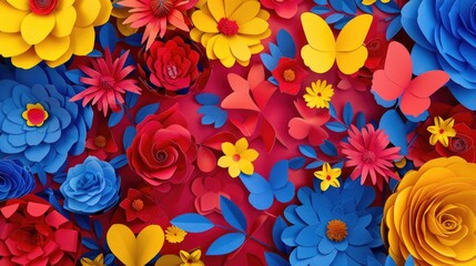 Poster - Vibrant paper flowers decorating a plain wall. Perfect for interior design projects