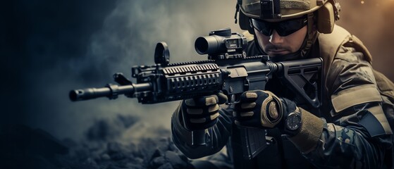 portrait of special forces soldier aiming assault rifle