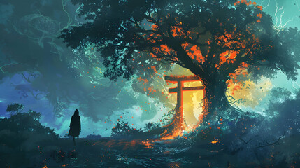 Sticker - Traveler under the glowing tree looking at the orange gate in the distance, digital art style, illustration painting