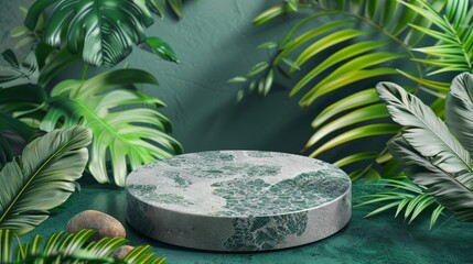 Wall Mural - This mockup features an empty round gray stone podium, set against a background of tropical leaves, designed to elegantly display cosmetics products in a natural and appealing way.