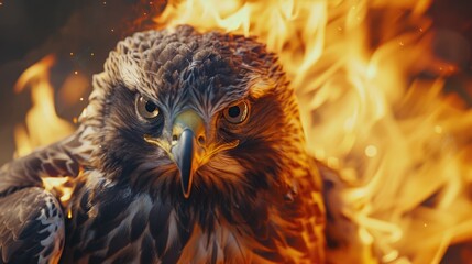 Leinwandbilder - A dramatic close up of a bird of prey engulfed in flames. Ideal for illustrating the concept of danger and destruction