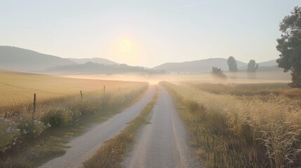 Poster - A dirt road running through a scenic field. Perfect for travel and countryside themes