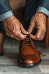 Aufkleber - Close-up shot of a person tying a shoe, perfect for illustrating daily routine activities.