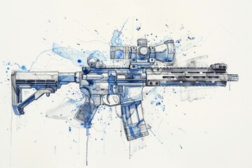 Poster - Machine gun with blue paint splatters, suitable for military or art concept