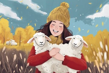 Poster - A woman holding two sheep in a scenic field. Ideal for agriculture and farming concepts