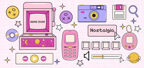 Leinwandbilder - Set of Search browser windows in retro style y2k. 2000s Collage of trendy elements. Old push-button telephone, game, slot machine, disks, buttons, floppy disk. Psychedelic and hippie. Desktop and PC. 