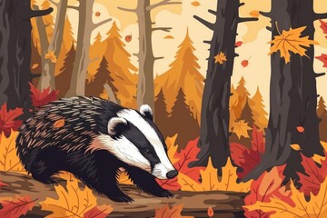 Poster - A badger walking through the woods in the fall. Suitable for nature and wildlife themes