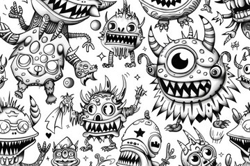 Wall Mural - Detailed black and white illustration of various monsters. Suitable for Halloween themes or horror-related projects