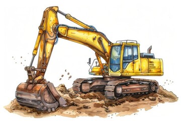 Poster - A yellow excavator digging in the dirt. Suitable for construction projects