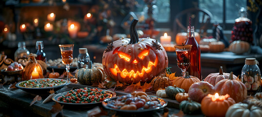 Sticker - A decorated table with Halloween-themed snacks and drinks at a costume party,