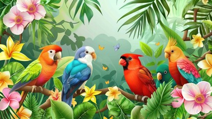 Poster - Group of colorful birds perched on a branch. Ideal for nature and wildlife themes