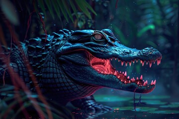 Poster - Close-up of an alligator with its mouth open. Suitable for nature and wildlife themes