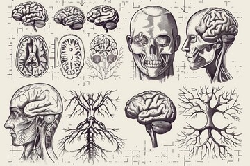 Poster - Detailed drawing of a human head and brain, suitable for medical or educational purposes