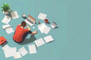 Aufkleber - A man sitting on the floor surrounded by papers and a laptop. Perfect for illustrating office work or studying