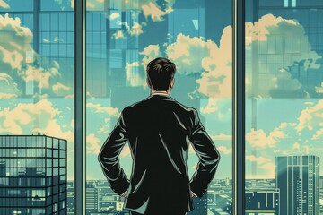 Poster - A man standing in front of a window, gazing at the city. Suitable for lifestyle and urban living concepts