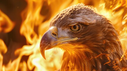 Canvas Print - Close up of a bird of prey engulfed in flames, suitable for dramatic and intense visual concepts