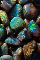 Poster - A close up of a pile of black oplite stones. Perfect for geology or natural texture backgrounds