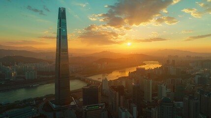 Poster - City skyline at sunset, perfect for urban backgrounds