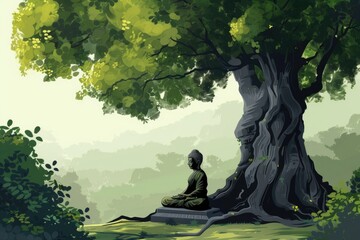 Poster - A person sitting under a tree in a forest. Suitable for nature and relaxation concepts