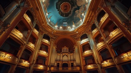 Poster - Interior view of a building ceiling with a clock, suitable for architectural and time management concepts