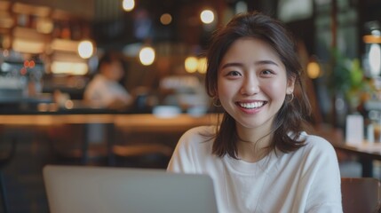 Poster - Woman sitting in front of a laptop computer, suitable for technology concepts