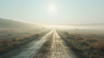 Poster - A foggy field with a dirt road, suitable for various outdoor and nature concepts