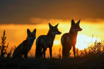 Naklejka na meble Group of foxes standing on grass field. Suitable for nature and wildlife themes