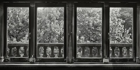 Aufkleber - Black and white photo of trees seen through window, suitable for nature themes