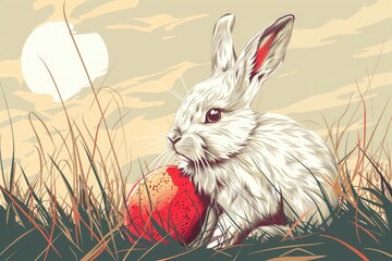 Aufkleber - A cute rabbit sitting in the grass with a red ball. Suitable for pet, nature, and playful concept designs