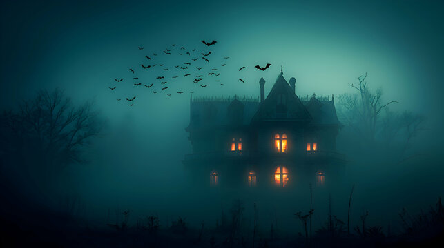 A group of bats flying over a haunted house on Halloween night, with eerie lighting and fog.