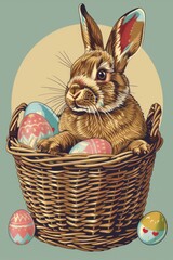 Poster - Cute rabbit sitting in a basket with colorful eggs. Perfect for Easter themed designs