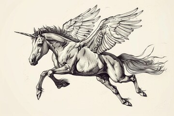 Poster - Black and white drawing of a horse with wings. Suitable for various artistic projects