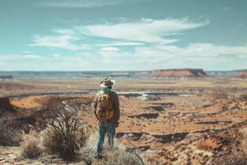 Aufkleber - A man in a hat standing on top of a hill. Suitable for outdoor and adventure concepts