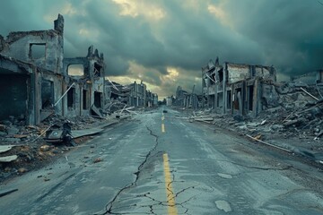 Poster - A deserted street with a yellow line in the middle. Suitable for urban and transportation concepts