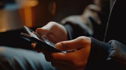 Poster - Close up of a person holding a cell phone. Suitable for technology concepts