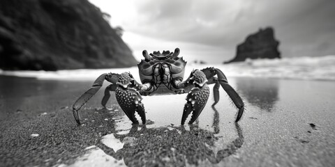 Poster - A black and white photo of a crab on the sandy beach. Perfect for nature or wildlife themed projects