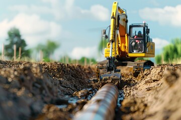 Poster - A yellow excavator sitting on top of a pile of dirt, suitable for construction projects