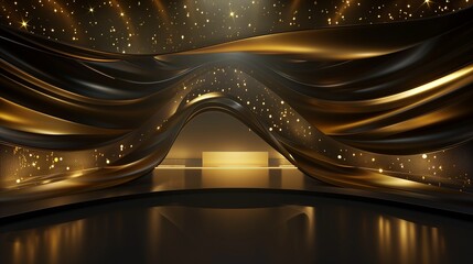 Amidst an aura of elegance, a golden stage takes center stage, its warm lights casting a soft glow against the backdrop of flowing black curves, creating a mesmerizing setting