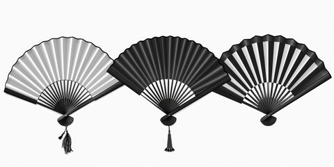 Poster - Modern home interior decoration idea with three black and white fans on a wall. Perfect for adding a touch of elegance to any room