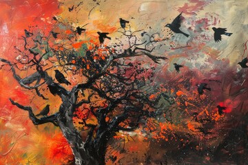Poster - Beautiful painting of a tree with birds flying around it. Perfect for nature lovers and bird enthusiasts
