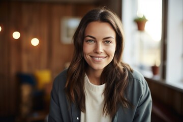 Wall Mural - Portrait of a glad woman in her 30s smiling at the camera in front of scandinavian-style interior background