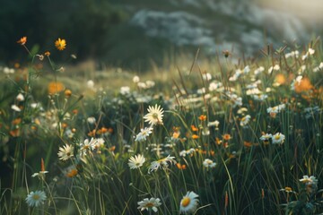 Poster - Beautiful wildflowers field with majestic mountain backdrop. Ideal for nature and landscape themed designs