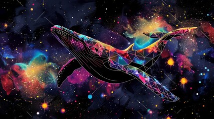 Poster - Whale on simple multicolored geometric outer space