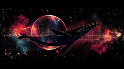 Poster - Whale on simple multicolored geometric outer space