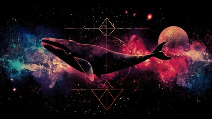 Poster - Whale on simple multicolored geometric outer space