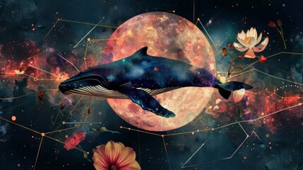 Poster - Whale on simple multicolored geometric outer space
