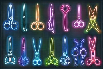 Poster - Neon colored scissors on a black background, suitable for educational or arts and crafts themes