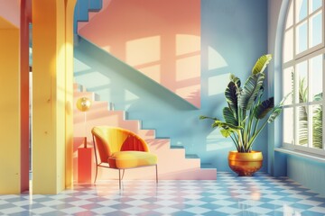 Poster - A vibrant room with a chair and potted plant. Ideal for interior design concepts